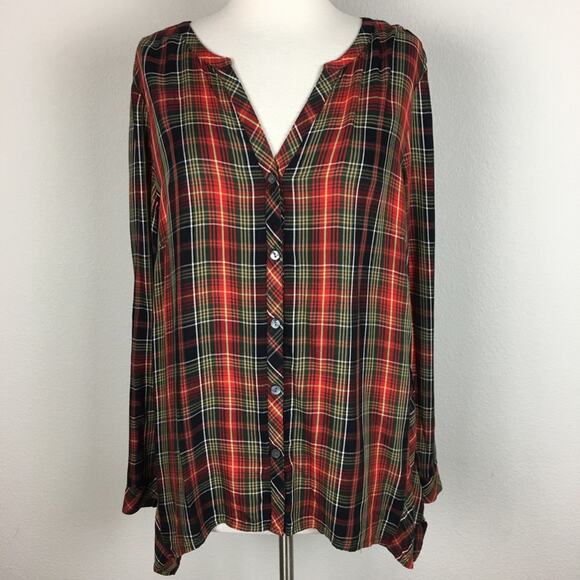 J Jill Green & Red Plaid Button Front Long Sleeve Blouse  Top Large - Picture 2 of 7